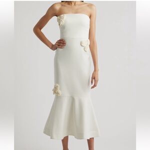 NEW Likely Ilene White Mermaid Midi Strapless Dress Floral 3D Flowers Size 4